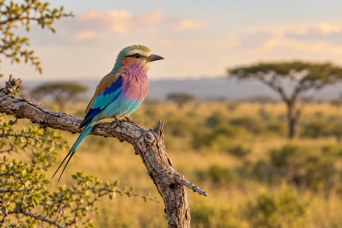 A colourful roller perched on an acacia branch, generated wildlife illustration